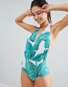 Unique 21 Plunge Front Palm Print Swimsuit - Green