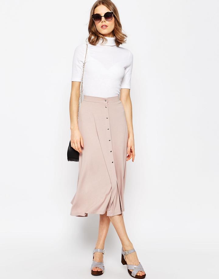Asos Midi Skater Skirt With Poppers - Blush