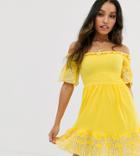 Asos Design Petite Mini Shirred Top Sundress With Contrast Embroidery-yellow