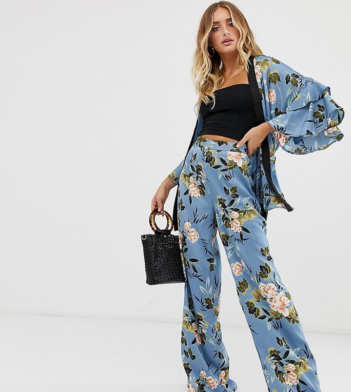 Missguided Two-piece Satin Wide Leg Pants In Blue Floral Print - Multi
