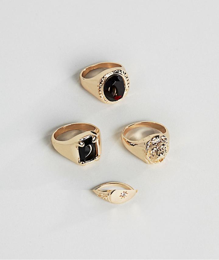 Asos Design Chunky Ring Pack With Tiger And Stones In Gold - Gold