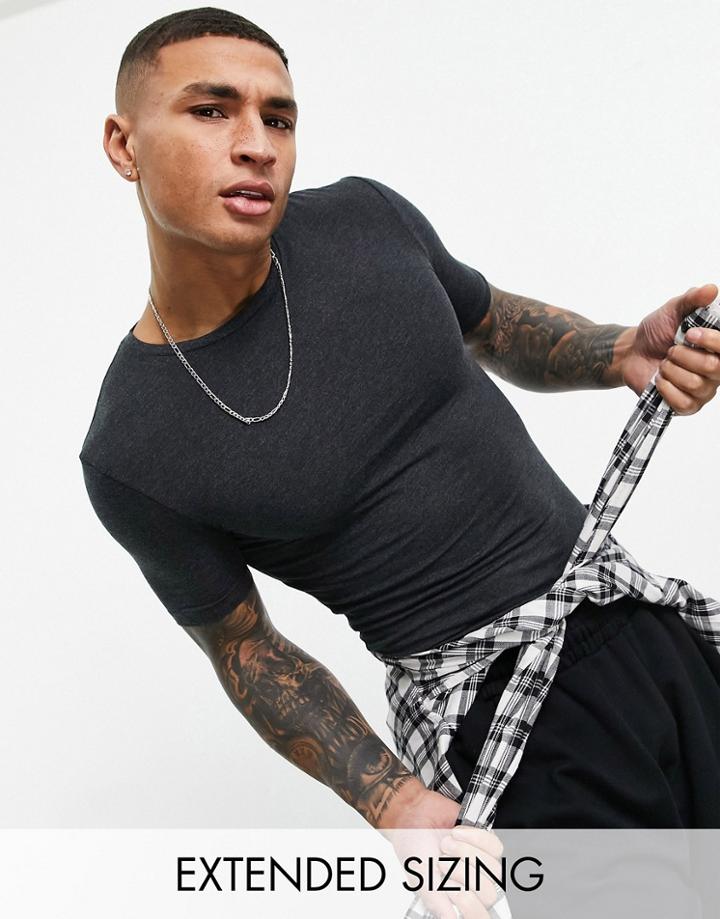 Asos Design Cotton Blend Muscle Fit T-shirt With Crew Neck In Charcoal Heather - Gray-grey