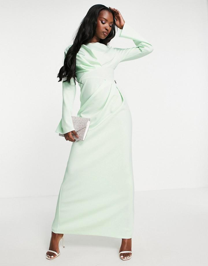 Asos Design Pleat Front Long Sleeve Maxi Dress In Mint Green-multi