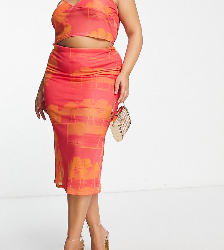Collusion Plus Flower Print Mesh Midi Skirt In Pink - Part Of A Set