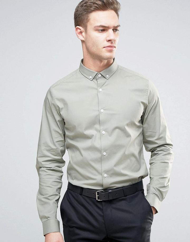 Asos Slim Shirt With Stretch In Light Khaki With Button Down Collar - Green
