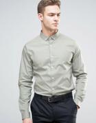 Asos Slim Shirt With Stretch In Light Khaki With Button Down Collar - Green