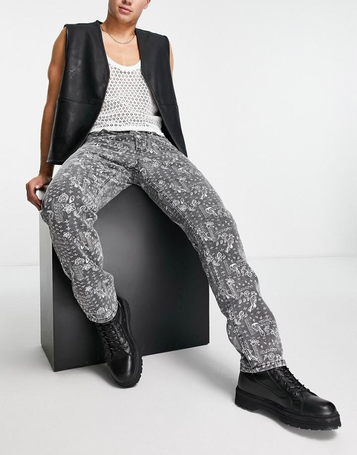 Liquor N Poker Straight Leg Denim Jeans In Black Paisley