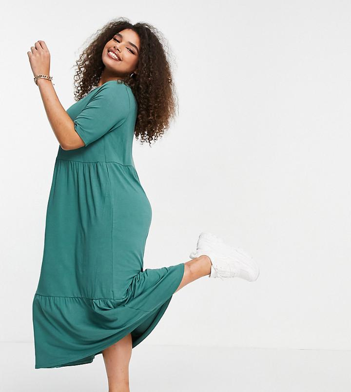 Asos Design Curve Tiered Smock T-shirt Midi Dress In Pine Green