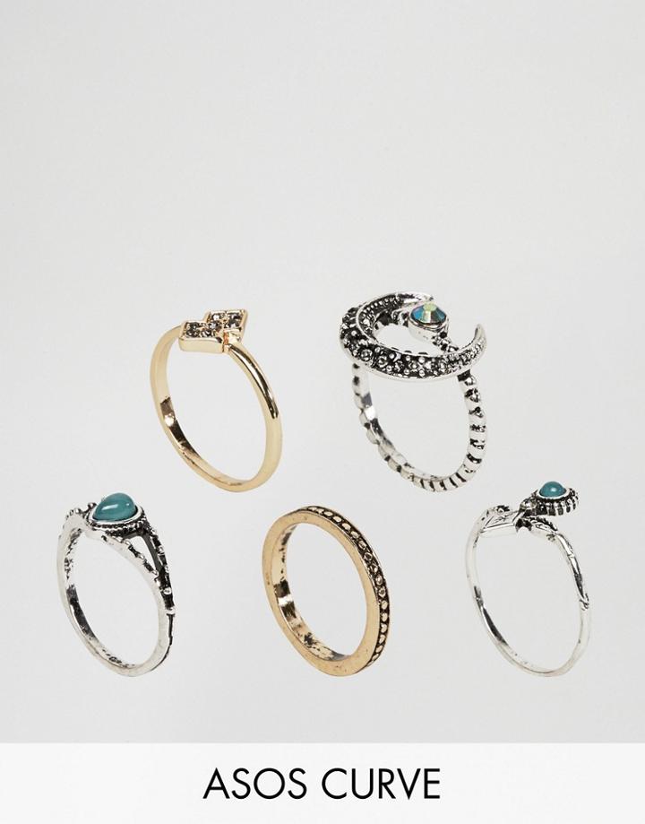 Asos Curve Jewel Horn Ring Pack - Multi