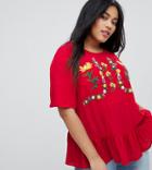Asos Curve Embroidered Ruffle Hem Tee - Red