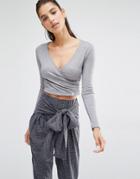 Parallel Lines Wrap Front Long Sleeve Crop Top - Gray