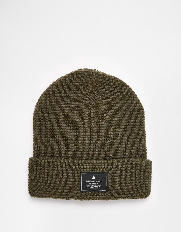 Asos Waffle Beanie With Patch In Khaki - Khaki