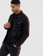 Pull & Bear Denim Jacket With Leopard Print Side Stripe In Washed Black - Black