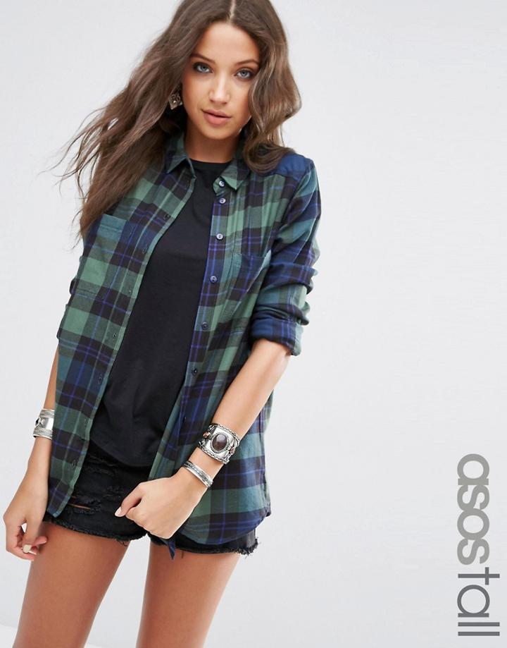 Asos Tall Boyfriend Green & Navy Check Shirt - Multi