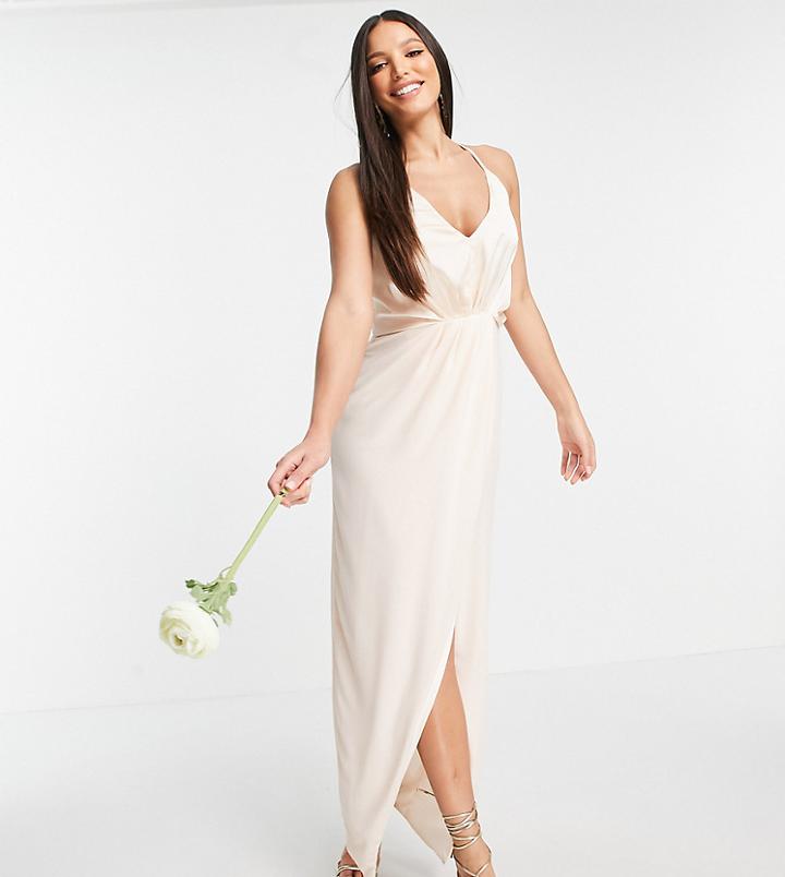 Tfnc Tall Bridesmaid Satin Halterneck Top Maxi Dress In Light Blush-white