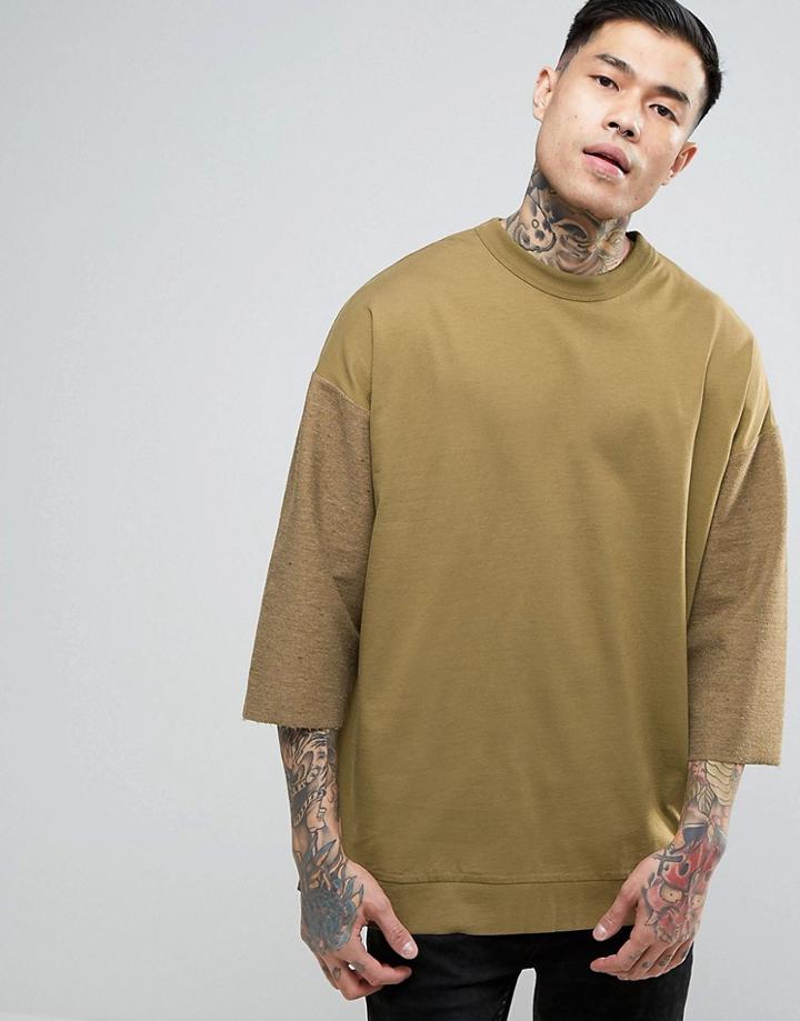 Asos Oversized T-shirt With Loopback Half Sleeve - Green