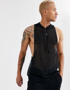 Asos Design Extreme Racer Back Hooded Tank In Sheer Woven Fabric In Black
