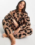 Asos Design Lounge Mix & Match Animal Print Fleece Sweat In Brown