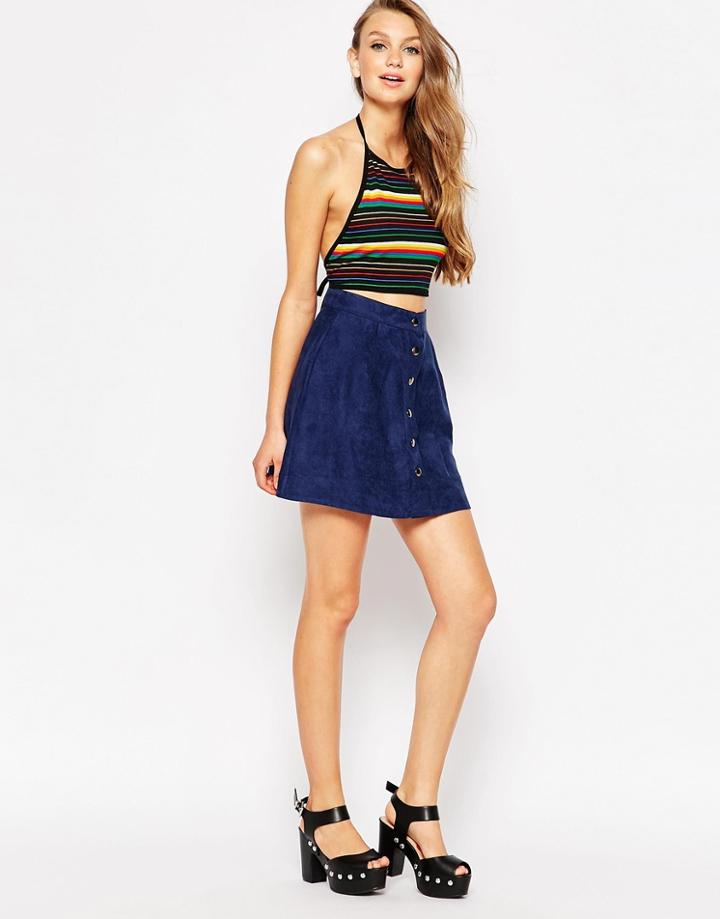 Motel Button Through Faux Suede A-line Skirt - Blue