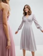 Tfnc Wedding Long Sleeve Midi Dress With Pleated Skirt - Gray