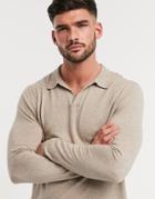 Asos Design Knitted Revere Long Sleeve Polo In Coffee-brown