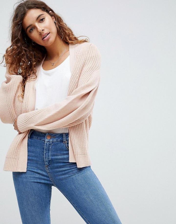 Asos Chunky Cardigan With Pleat Sleeve - Pink