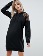 Asos Design Hoodie Sweat Dress With Lace Yoke-black
