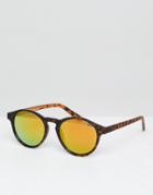 Pull & Bear Round Frame Tortoiseshell Sunglasses With Mirrored Lenses - Brown