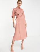 Asos Design Cowl Neck Midi Dress With Wrap Skirt In Teracotta-pink