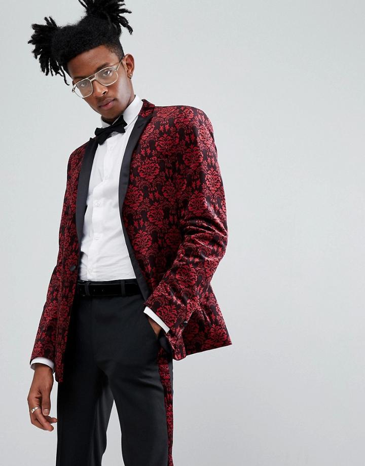 Asos Skinny Tuxedo Suit Jacket In Red Paisley Velvet - Black