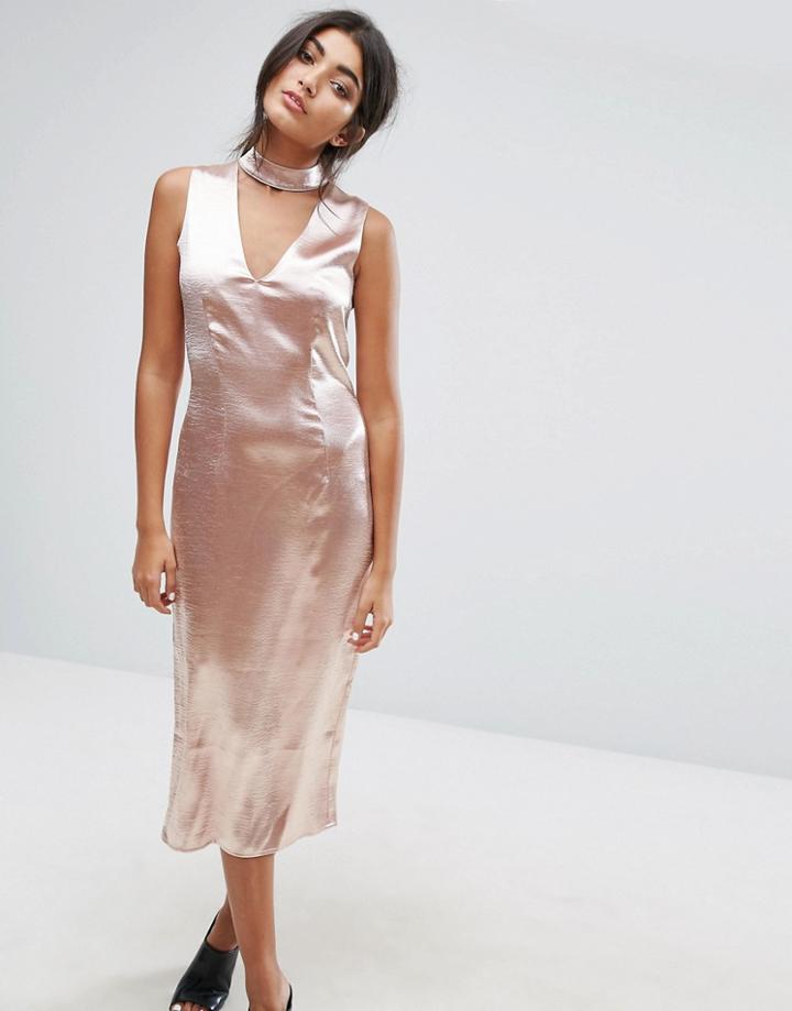 J.o.a Midi Dress With Plunge Front And Choker Neck Detail - Pink
