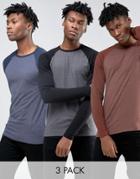 Asos Muscle Long Sleeve T-shirt With Contrast Raglan Sleeves 3 Pack - Multi