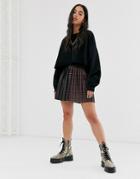 Asos Design Leather Look And Check Pleated Mini Skirt - Multi