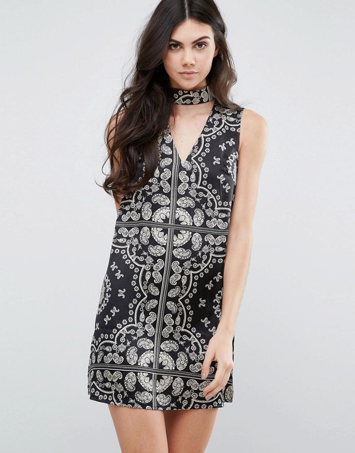 Parisian Choker Neck Scarf Print Shift Dress - Black