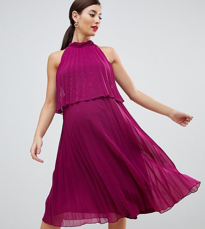 Asos Design Maternity Halter Tie Neck Midi Dress In Pleat - Red