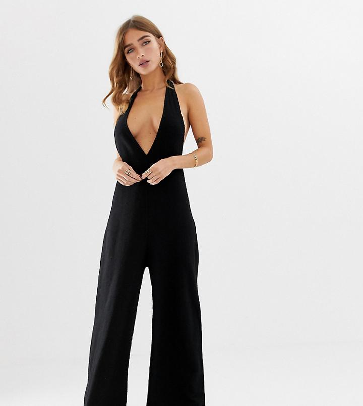 Asos Design Petite Halter Neck Jumpsuit With Plunge Front-black
