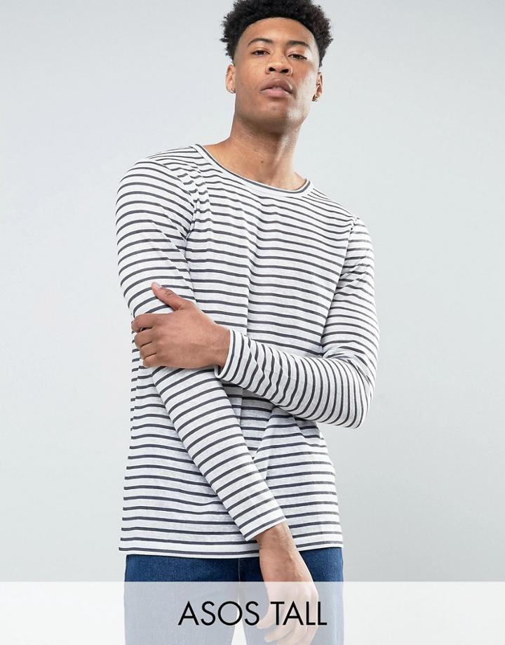 Asos Tall Relaxed Long Sleeve T-shirt In Linen Look Stripe - White