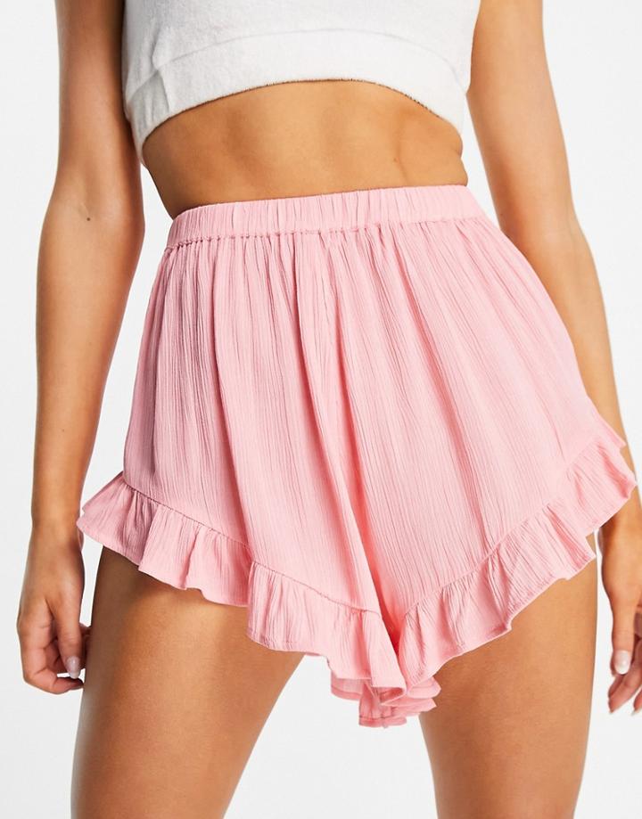 Asos Design Flutter Frill Crinkle Beach Short In Pink