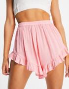 Asos Design Flutter Frill Crinkle Beach Short In Pink