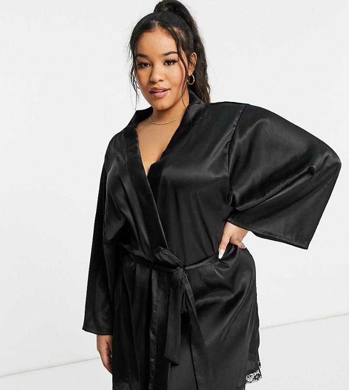 Brave Soul Plus Satin Kimono Robe In Black