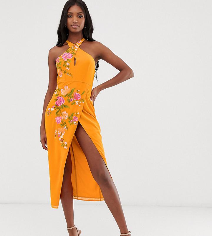 Asos Design Tall Midi Pencil Dress With Ring Detail In Embroidery - Multi