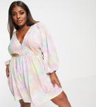 Asos Design Curve Volume Sleeve Mini Dress With Shirred Neckline In Pastel Tie Dye Print-multi