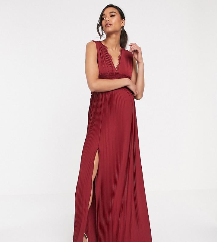 Asos Design Maternity Premium Lace Insert Pleated Maxi Dress-red