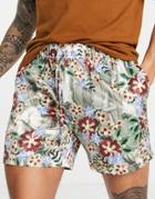 Asos Design Slim Shorter Shorts With Elastic Waist In Satin Floral Print - Part Of A Set-multi