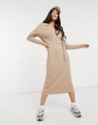 Asos Design Maxi Dress With Open Collar And Tie Detail In Camel-neutral