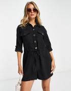 River Island Floral Shirred Abstract Jumpsuit In Black