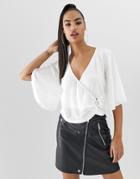 Asos Design Angel Sleeve Textured Jersey Wrap Top With Ring Detail-white