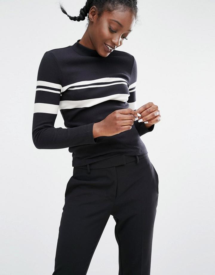 Monki Mid Stripe High Neck Top - Black