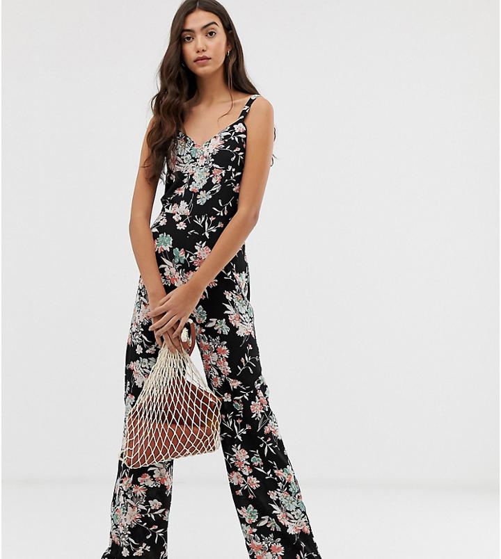 Brave Soul Tall Cecily Jumpsuit In Floral Print - Black