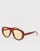 Asos Design Oversized Brown Aviator With Yellow Lens - Brown